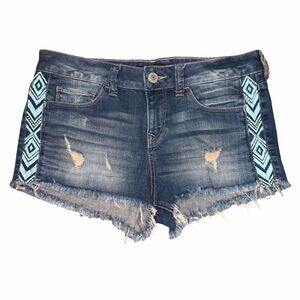 Express Jean Shorts Turquoise Tribal Bohemian Embroidered Side Accented Fringe 4